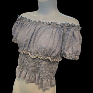 Zara Basic Z1975 Denim Off Shoulder Top Ruched Crop Top Ruffle Blue Size Small.